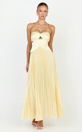 Shay Maxi Dress - Sweetheart Cut Out Pleated Dress in Lemon