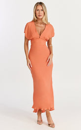 Desiree Midi Dress - V Neck Flutter Short Sleeve Slip Dress in Orange