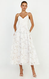 Philine Midi Dress - Jacquard Plunge Fit and Flare Dress in White