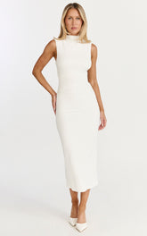 Aleks Midi Dress - High Neck Bodycon Dress in Off White