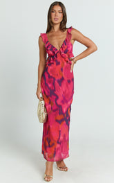 Alessa Midi Dress - V Neck Frill Detail Empire Waist Back Cut Out Dress in Adeana Print