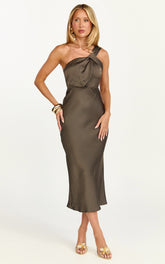Aria Midi Dress - One Shoulder Twist Detail Satin Bias Cut Dress in Espresso