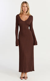 Astra Maxi Dress - V Neck Long Sleeve Knit Dress in Chocolate