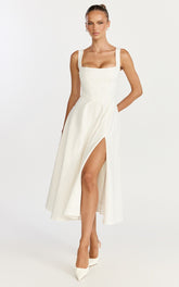 Bernie Midi Dress - Square Neck Strapped Full Circle Skirt Dress in White