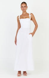 Clementine Midi Dress - 3D Floral Strap Dress in White