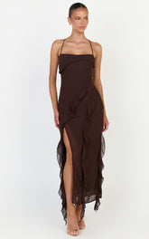 Connie Midi Dress - Ruffle Detail Dress in Chocolate