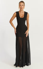 Frances Maxi Dress - Contrast U Neck Godet A Line Dress in Black