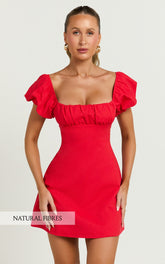 Ginny Mini Dress - Square Neck Ruched Bodice Puff Sleeve Straight Dress in Red