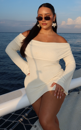 Pietra Mini Dress - Knitted Off Shoulder Dress in Cream