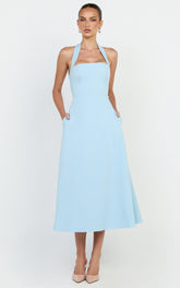 Karissa Midi Dress - Halter Neck Fit and Flare Midi Dress in Pale Blue