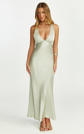 Khalani Midi Dress - Deep V Neck Satin Slip Dress in Light Olive
