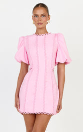 Laila Mini Linen Blend Dress - High Neck Side Cut Out Puff Sleeve Straight Dress in Pink
