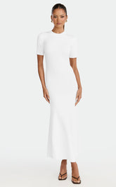 Lanie Midi Dress - Knitted Crew Neck Short Sleeve Dress in Cream