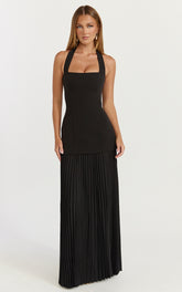Loretta Maxi Dress - Contrast Halter Neck Pleated Dress in Black