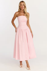 Louisa Midi Dress - Strapless Side Ruched Dropped Waist Fit And Flare Dress in Pink