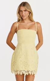 Maisie Mini Dress - Strapless Broderie Cut Out Border Hem Dress in Lemon