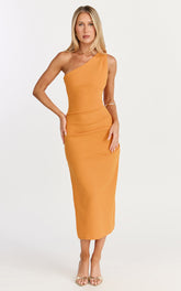Monette Midi Dress - One Shoulder Straight Dress in Orange
