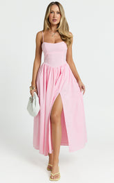 Morris Midi Dress - Linen Scoop Neck Gathered Dress in Pink
