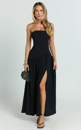 Nadiane Midi Dress - Strapless Asymmetric Drop Waist Dress in Black