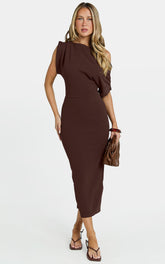 Nalfie Midi Dress - Tipped Shoulder Jersey Drape Dress in Chocolate