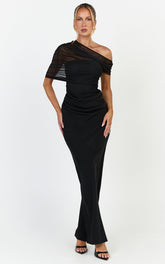 Nami Maxi Dress - Overlay Off Shoulder Draped Cowl Waist Dress in Black