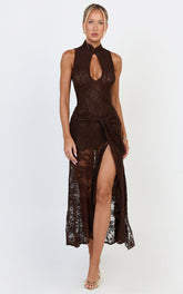Nyla Midi Dress - Sleeveless Collared Keyhole Lace Hip Tie Dress in Chocolate