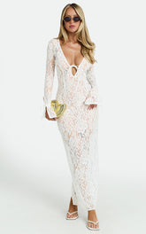 Paula Midi Dress - Lace V Neck Long Sleeve Column Dress in White