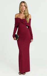 Rani Maxi Dress - Off Shoulder Long Sleeve Bodycon Dress in Wine