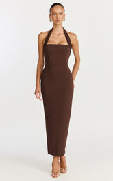 Salome Midi Dress - Halter Neck Column Dress in Chocolate