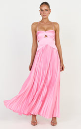 Shay Maxi Dress - Sweetheart Cut Out Pleated Dress in Pink