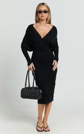 Sheika Midi Dress - Long Sleeve Off Shoulder Knit Dress in Black