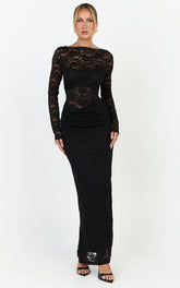 Skye Maxi Dress - Lace Long Sleeve Draped Waist Dress in Black