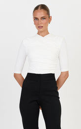 Tess Top - Cotton Blend Wrap V Neck Short Sleeve Top in Ivory