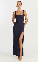 Thelma Maxi Dress - Square Neck Bodycon Dress in Navy