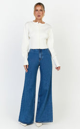 Therese Jeans - High Waist Wide Leg Flare Recycled Denim Jeans in Dark Blue Wash
