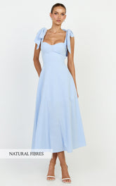 Tymia Midi Dress - Shoulder Tie Bustier Shirred Back A Line in Pastel Blue