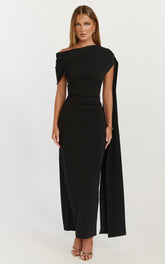 Visenta Midi Dress - Asymmetrical Sleeve Dress in Black