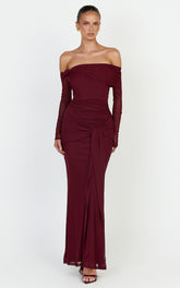 Waverly Maxi Dress - Long Sleeve Off Shoulder Dress in Wine