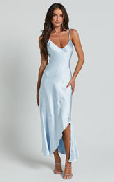 Ylona Midi Dress - Asymmetric Draped Bias Cut Satin Slip Dress in Ice Blue