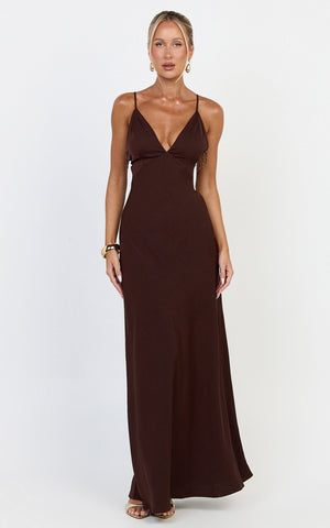 Azura Maxi Dress - Backless Beaded Trim Dress in Chocolate