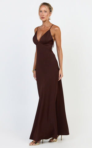 Azura Maxi Dress - Backless Beaded Trim Dress in Chocolate