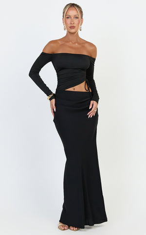 Tallulah Maxi Dress - Off Shoulder Long Sleeve Side Ruched Cut Out Dress in Black