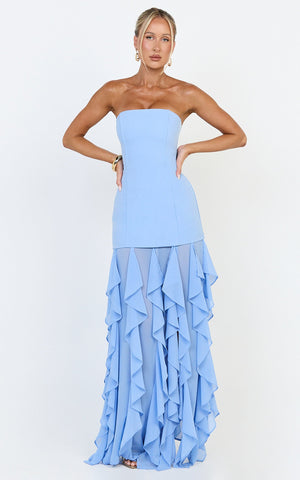 Selani Maxi Dress - Strapless Bodice Ruffle Hem Dress in Sky Blue