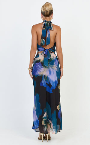 Solara Maxi Skirt - Bias Cut A Line Skirt in Midnight Resort Orchid Print