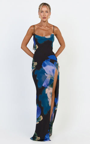 Solara Maxi Dress - Cowl Neck Backless Dress in Midnight Resort Orchid Print