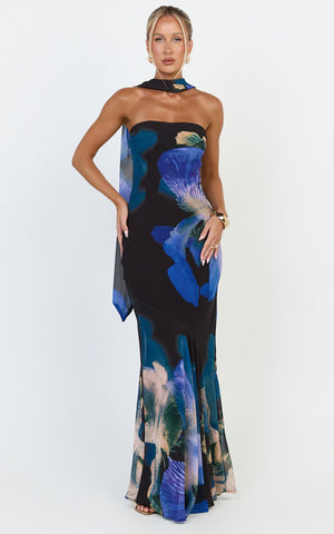 Solara Maxi Dress - Strapless Bias Column Dress With Scarf in Midnight Resort Orchid Print