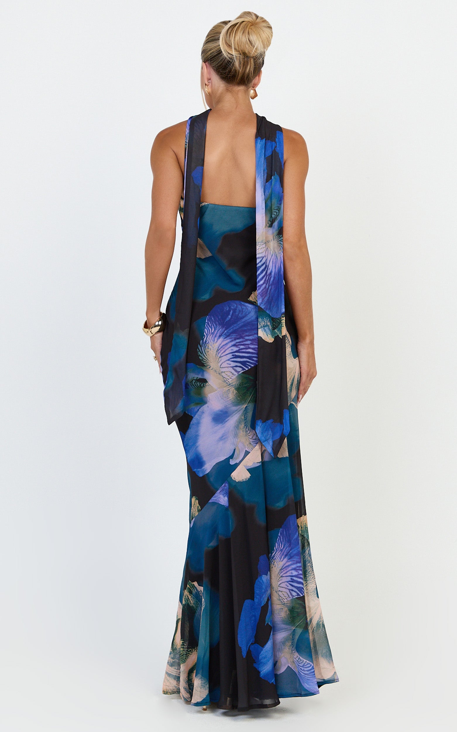 Solara Maxi Dress - Strapless Bias Column Dress With Scarf in Midnight Resort Orchid Print