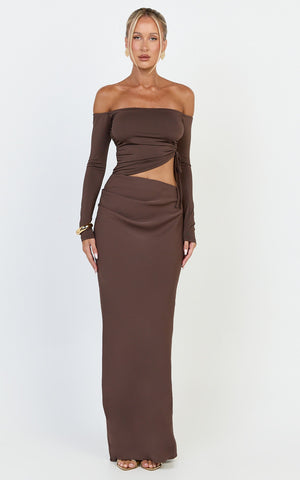 Tallulah Maxi Dress - Off Shoulder Long Sleeve Side Ruched Cut Out Dress in Chocolate