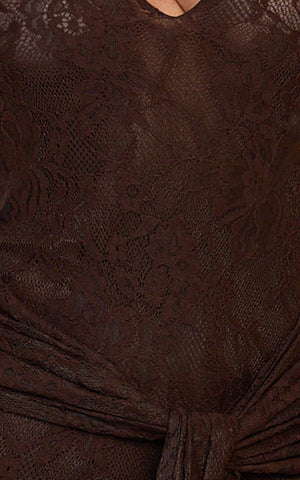 Nyla Midi Dress - Sleeveless Collared Keyhole Lace Hip Tie Dress in Chocolate
