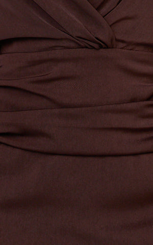 Azura Mini Dress - Long Sleeve Beaded Trim Plunge Neck Dress in Chocolate
